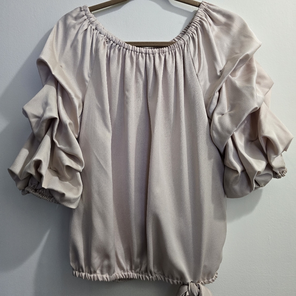☆ MSK Taupe Shimmer Off the Shoulder Puff Sleeve Top size L - Picture 4 of 14